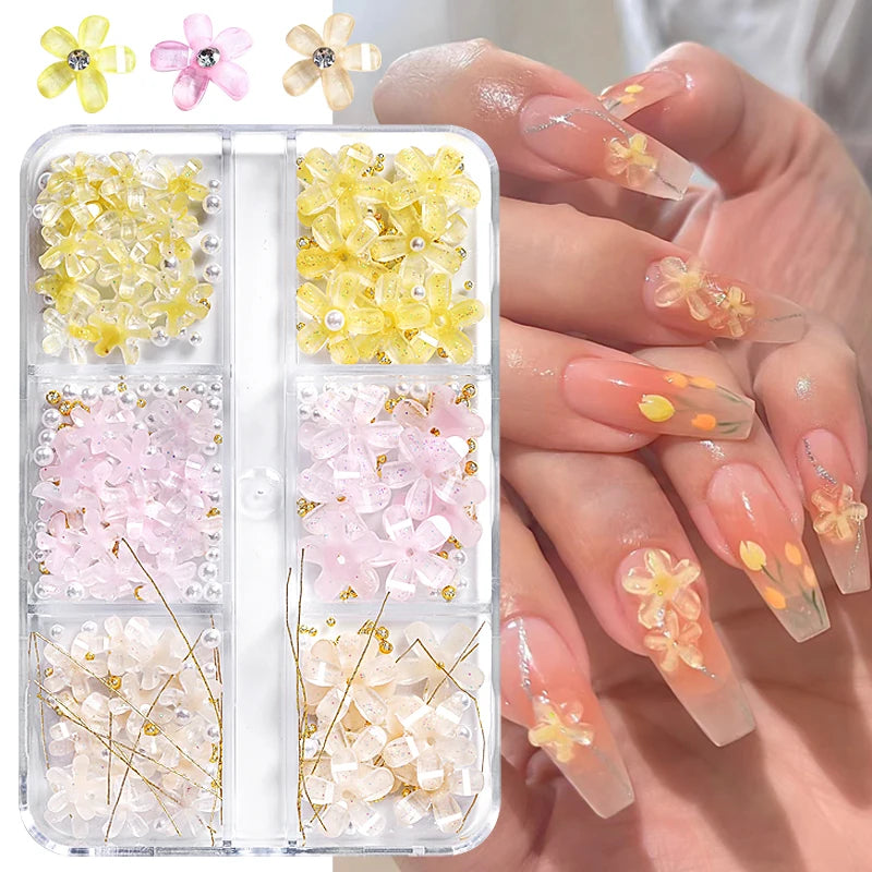 6 grilles de décorations d'ongles en acrylique en forme de fleur 3D, breloques en résine, perles dorées, perles de caviar, strass mélangés, accessoires de manucure