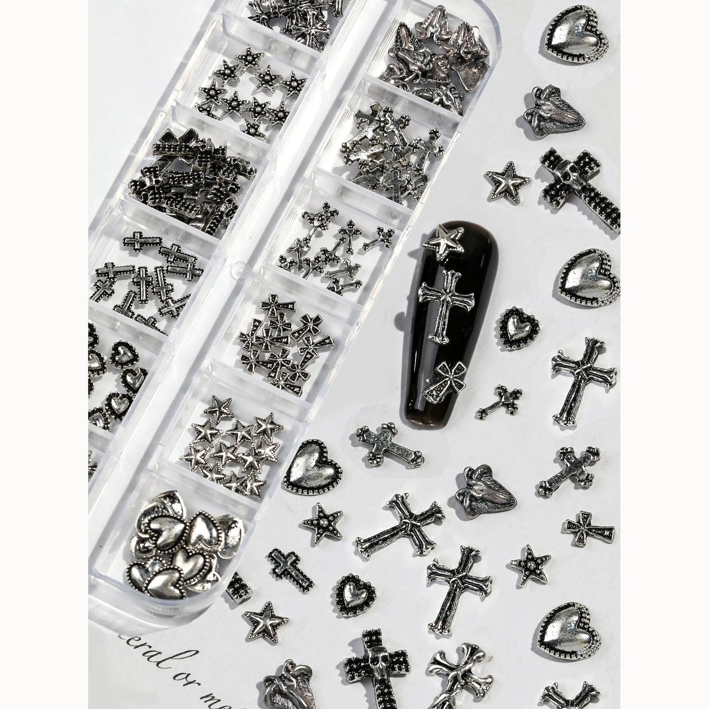12 Grids Vintage Cross Shaped Zinc Alloy Jewelry Nails Supplies Heart&Star Shaped Metal y2k Nail Art Decoration For Women Girls