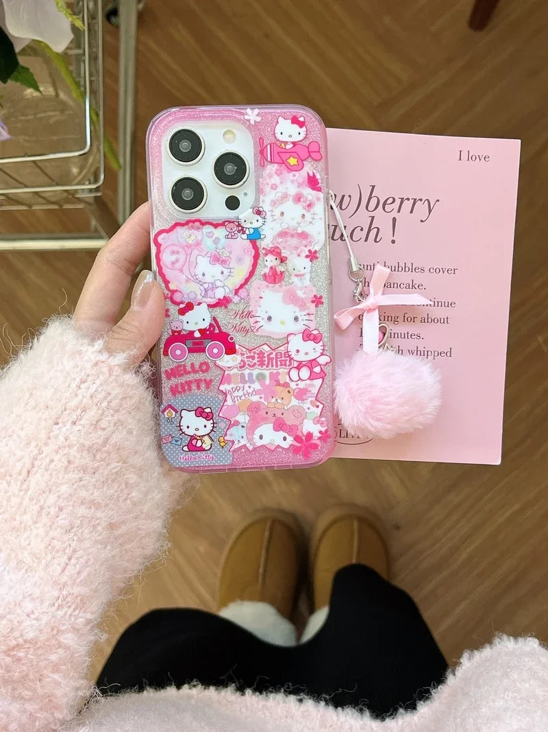 Bonita funda de teléfono con dibujos animados de Sanrio Y2K Hello Kitty con purpurina brillante para iPhone 15, 14, 13, 12, 11 Pro Max, carcasa rígida a prueba de golpes IMD