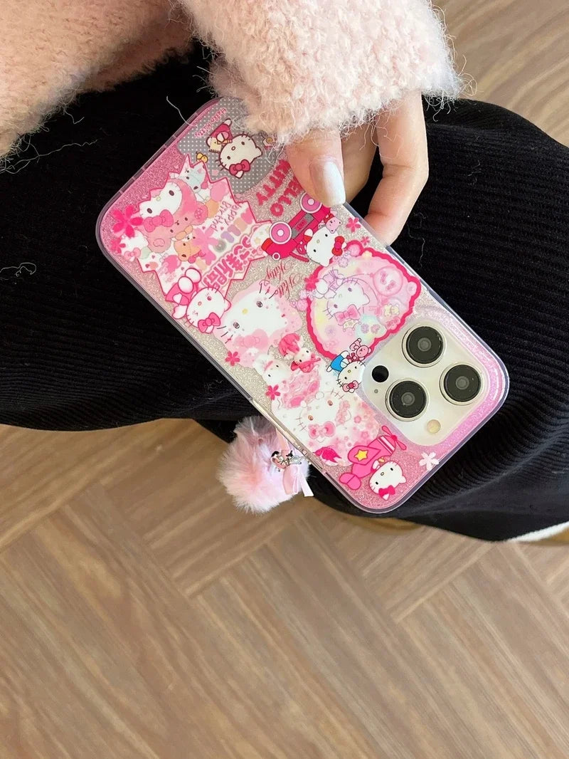Bonita funda de teléfono con dibujos animados de Sanrio Y2K Hello Kitty con purpurina brillante para iPhone 15, 14, 13, 12, 11 Pro Max, carcasa rígida a prueba de golpes IMD