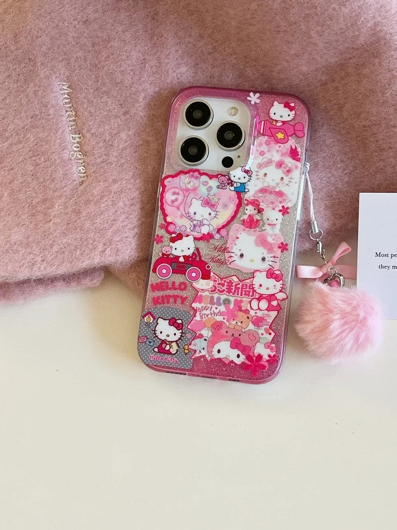 Bonita funda de teléfono con dibujos animados de Sanrio Y2K Hello Kitty con purpurina brillante para iPhone 15, 14, 13, 12, 11 Pro Max, carcasa rígida a prueba de golpes IMD