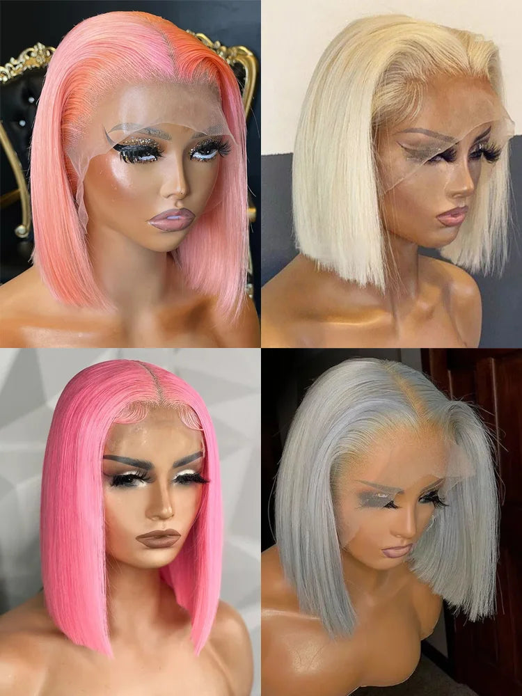 Pelucas frontales de encaje recto y corto de color Bob con encaje transparente pre-arrancado