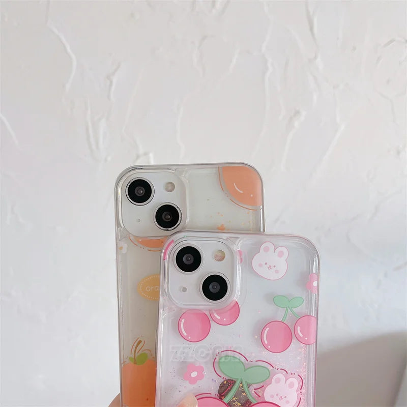 Funda luminosa rosa cereza dorada y naranja para iPhone 11 12 13 Pro Max 14+ 15 Plus, carcasa con purpurina brillante, arena movediza líquida, carcasas transparentes