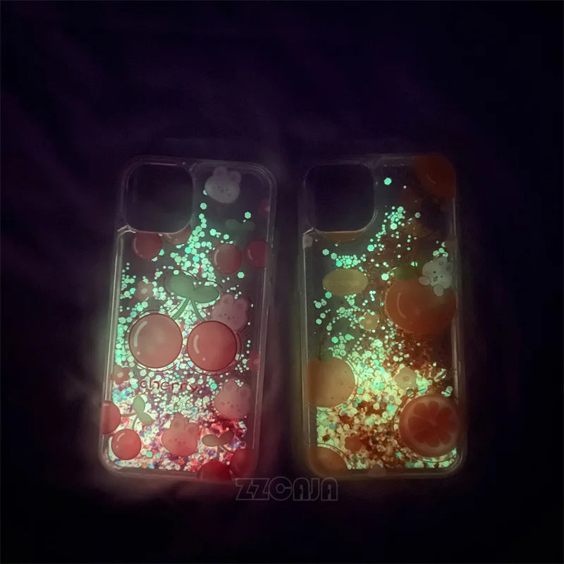Funda luminosa rosa cereza dorada y naranja para iPhone 11 12 13 Pro Max 14+ 15 Plus, carcasa con purpurina brillante, arena movediza líquida, carcasas transparentes