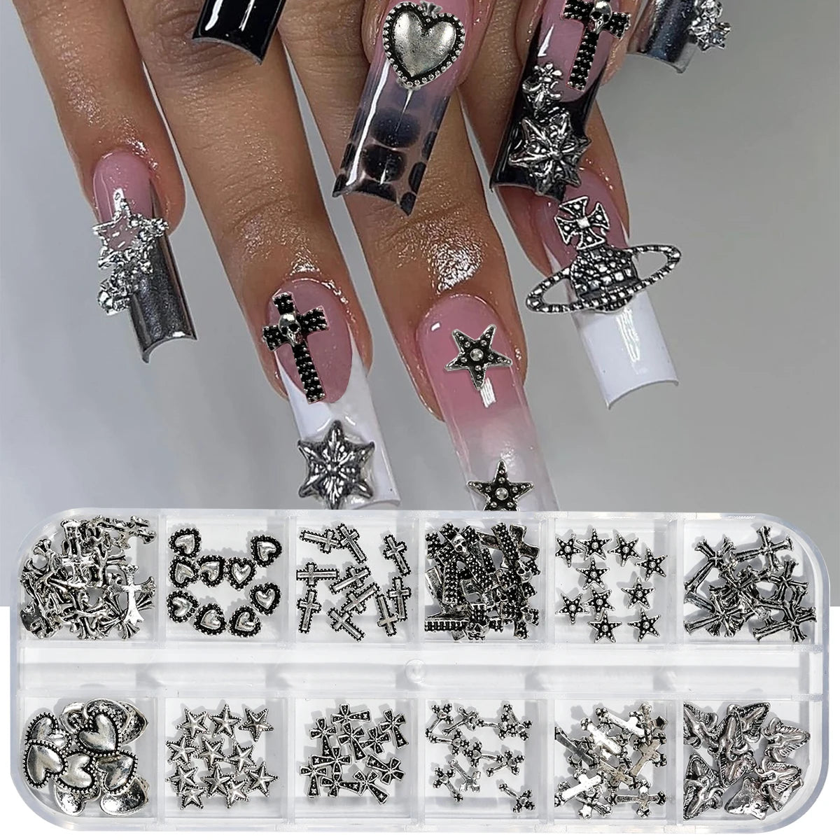 12 Grids Vintage Cross Shaped Zinc Alloy Jewelry Nails Supplies Heart&Star Shaped Metal y2k Nail Art Decoration For Women Girls