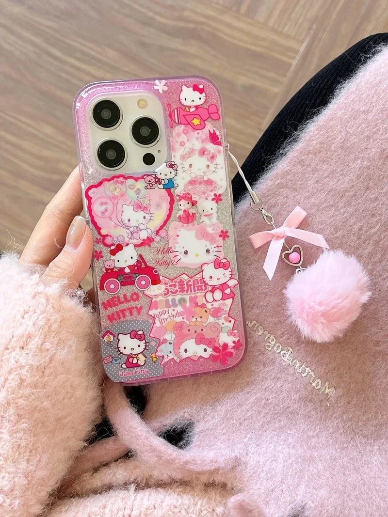 Bonita funda de teléfono con dibujos animados de Sanrio Y2K Hello Kitty con purpurina brillante para iPhone 15, 14, 13, 12, 11 Pro Max, carcasa rígida a prueba de golpes IMD
