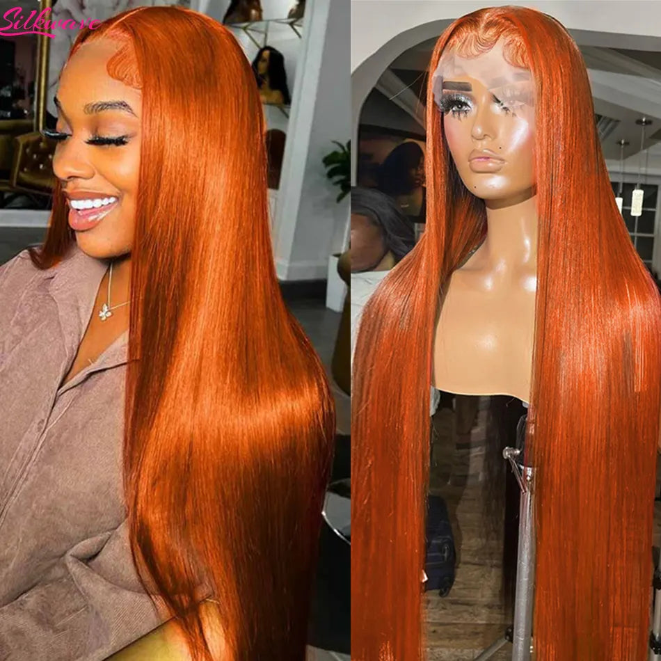 Peluca de cabello humano liso de color naranja jengibre con encaje frontal transparente
