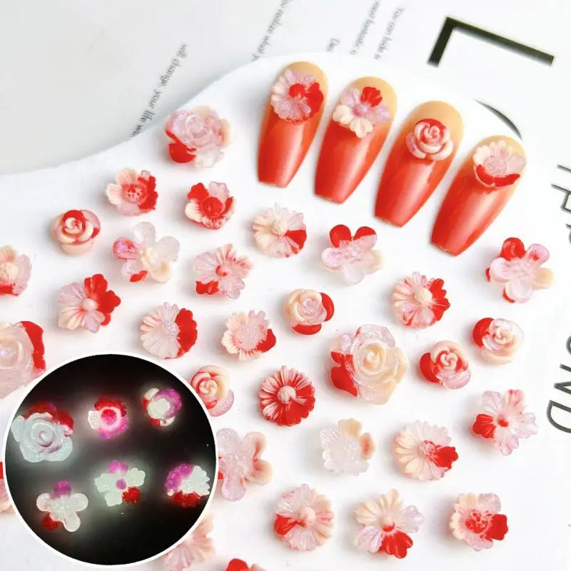 Lot de 50 breloques pour nail art 3D à dos plat, mélange aléatoire, motif fleur lumineuse, cœur, lapin, papillon, décorations pour ongles en acrylique