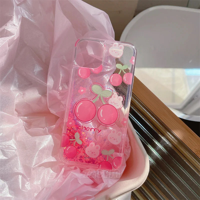 Funda luminosa rosa cereza dorada y naranja para iPhone 11 12 13 Pro Max 14+ 15 Plus, carcasa con purpurina brillante, arena movediza líquida, carcasas transparentes