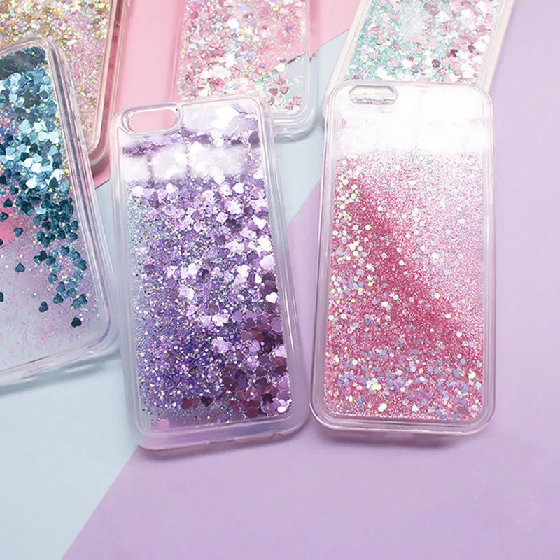 Love Heart Stars Glitter Phone Case For iPhone 15 14 13 12 11 Pro Max XS XR SE 2022 7 8 Plus Dynamic Liquid Quicksand Back Cover