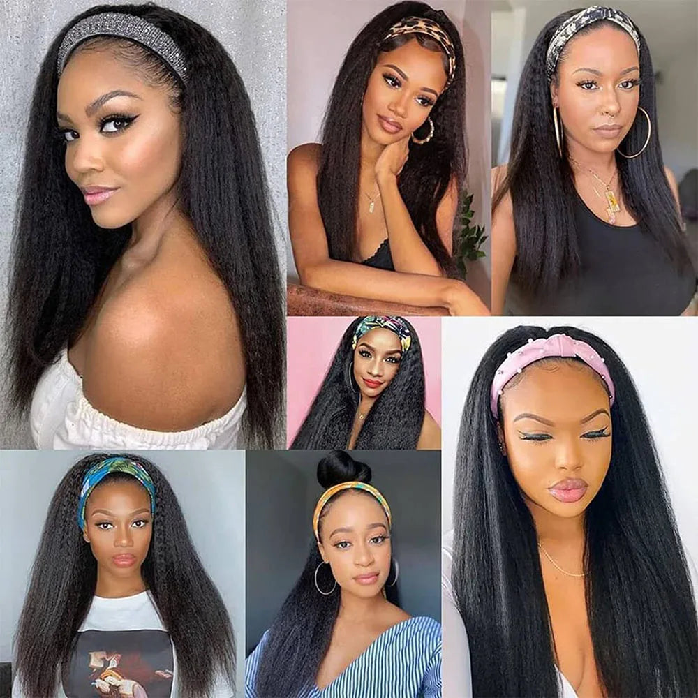 Perruques bandeau crépues et lisses en cheveux humains Remy prêtes à porter Yaki