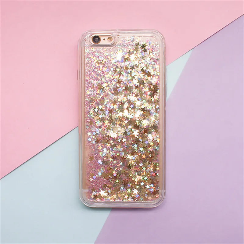 Love Heart Stars Glitter Phone Case For iPhone 15 14 13 12 11 Pro Max XS XR SE 2022 7 8 Plus Dynamic Liquid Quicksand Back Cover