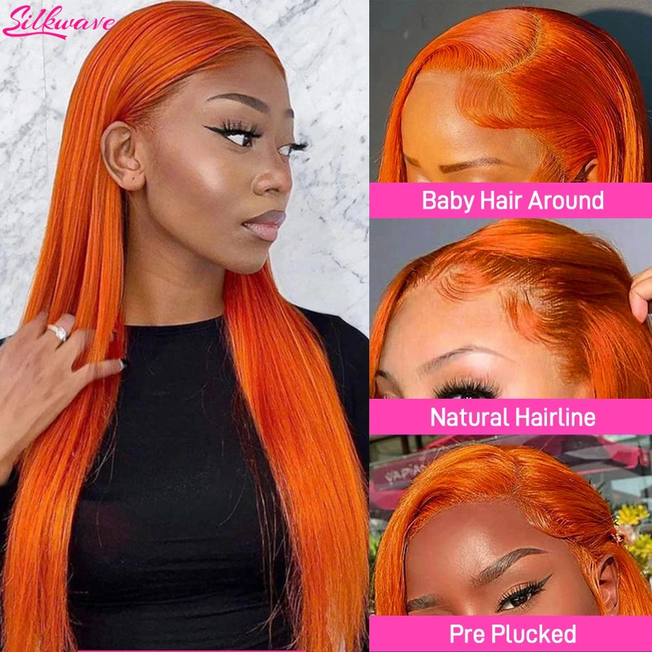 Peluca de cabello humano liso de color naranja jengibre con encaje frontal transparente