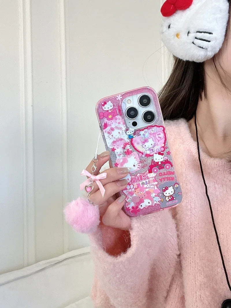 Bonita funda de teléfono con dibujos animados de Sanrio Y2K Hello Kitty con purpurina brillante para iPhone 15, 14, 13, 12, 11 Pro Max, carcasa rígida a prueba de golpes IMD