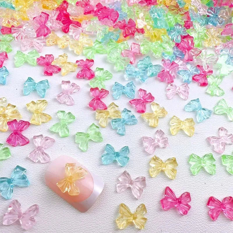 100pcs Cute Resin Bowknot Nail Charms Candy Color Clear Nail Art decoration Accessories Manicure DIY Handmade Crafts