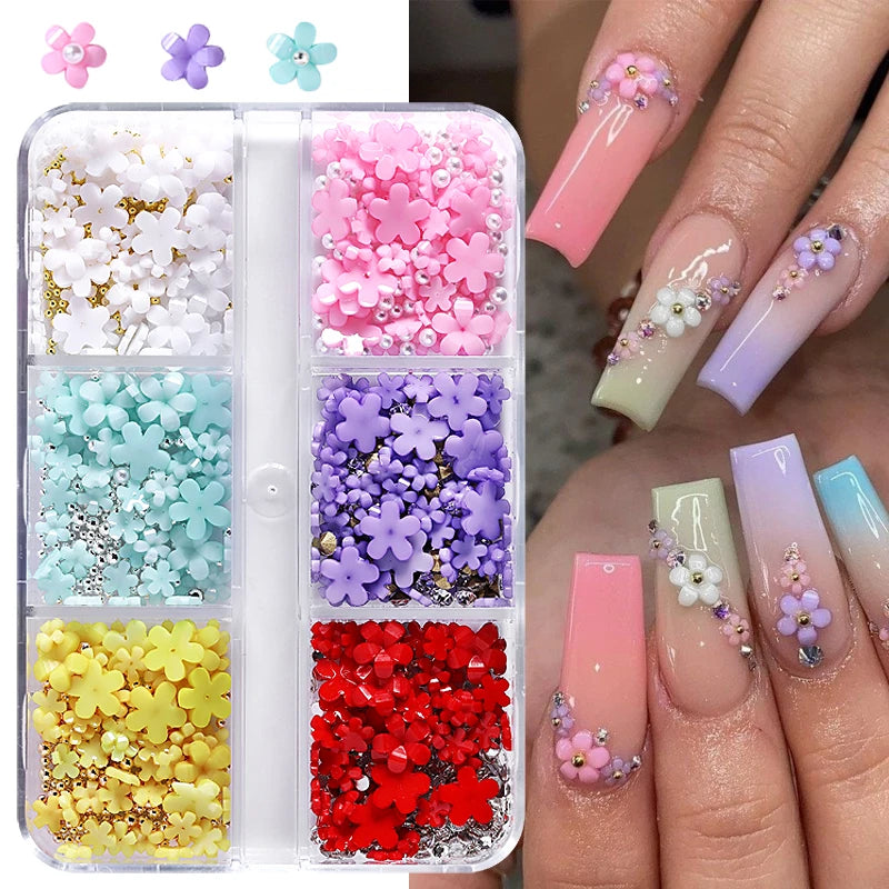 6 grilles de décorations d'ongles en acrylique en forme de fleur 3D, breloques en résine, perles dorées, perles de caviar, strass mélangés, accessoires de manucure