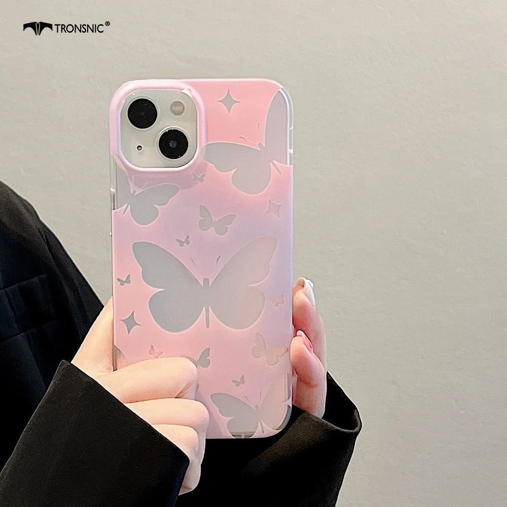 Ins Luxury Laser Butterfly Phone Case for iPhone 14 13 12 11 Pro Max Soft Silicone Clear Gradient Girls Glossy Pink Covers Funda