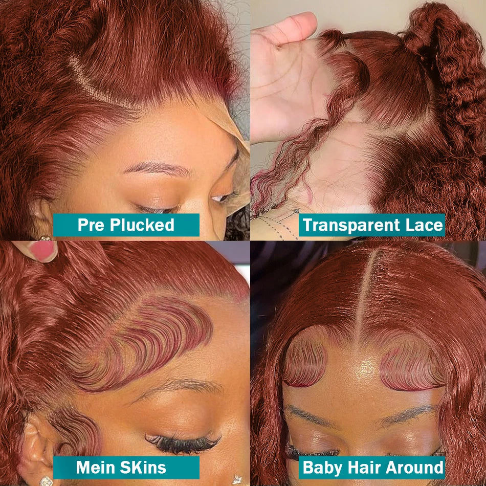 Perruques de cheveux humains bouclés 250 % HD brun rougeâtre ondulés profonds brun rougeâtre