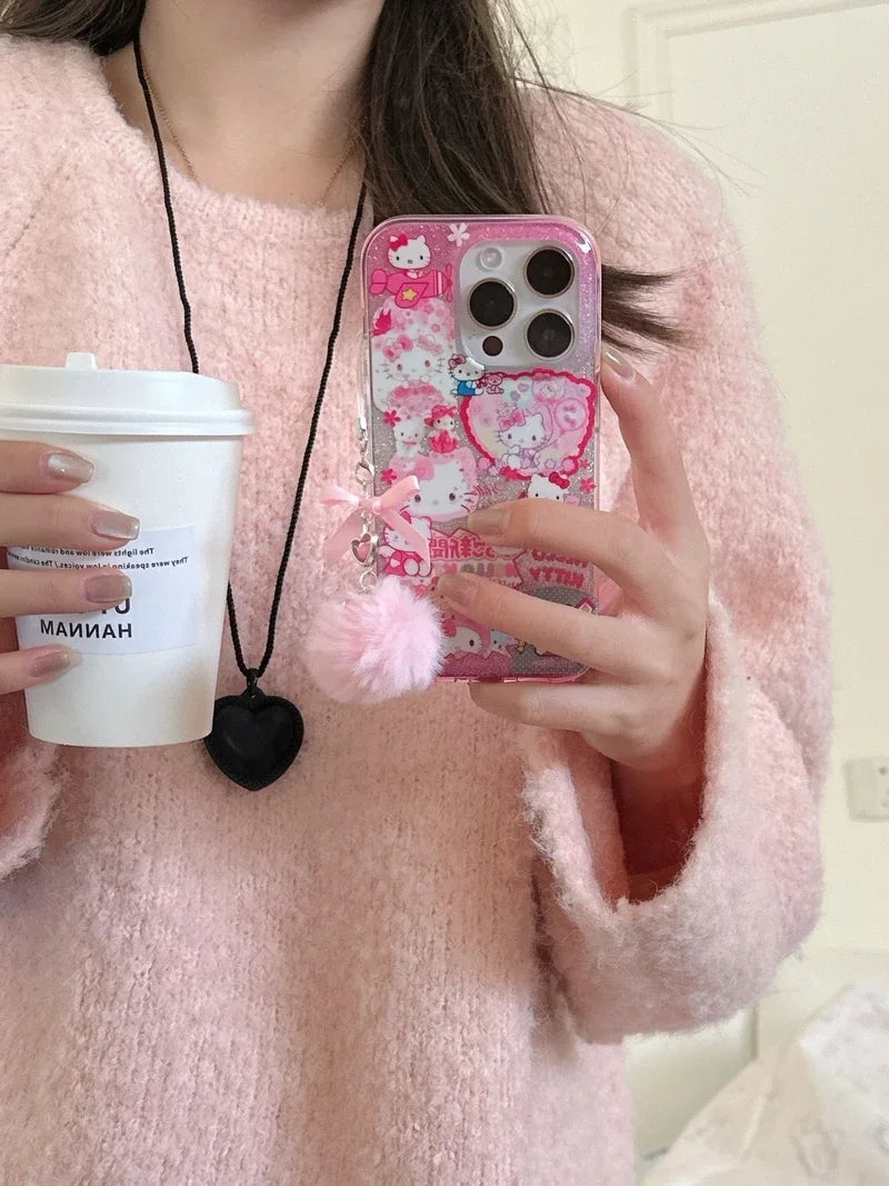 Bonita funda de teléfono con dibujos animados de Sanrio Y2K Hello Kitty con purpurina brillante para iPhone 15, 14, 13, 12, 11 Pro Max, carcasa rígida a prueba de golpes IMD