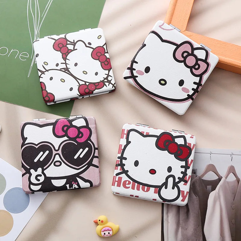 Sanrio Hello Kitty Cartoon Double-Sided Mirror Pu Leather Surface Portable Makeup Folding Mini Mirror A Holiday Gift for Girls