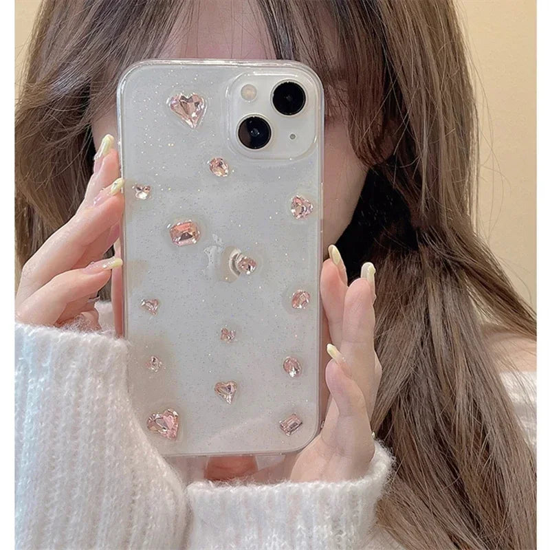 Coque de téléphone en époxy rose à paillettes coréennes pour iPhone 14 13 12 11 Pro Max X XS XR 7 8 SE 3