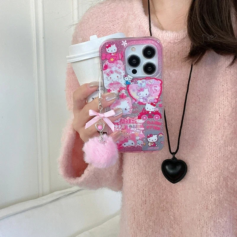 Bonita funda de teléfono con dibujos animados de Sanrio Y2K Hello Kitty con purpurina brillante para iPhone 15, 14, 13, 12, 11 Pro Max, carcasa rígida a prueba de golpes IMD