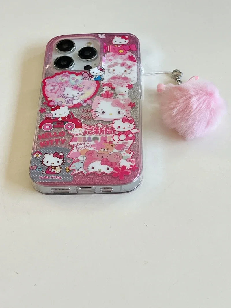Bonita funda de teléfono con dibujos animados de Sanrio Y2K Hello Kitty con purpurina brillante para iPhone 15, 14, 13, 12, 11 Pro Max, carcasa rígida a prueba de golpes IMD