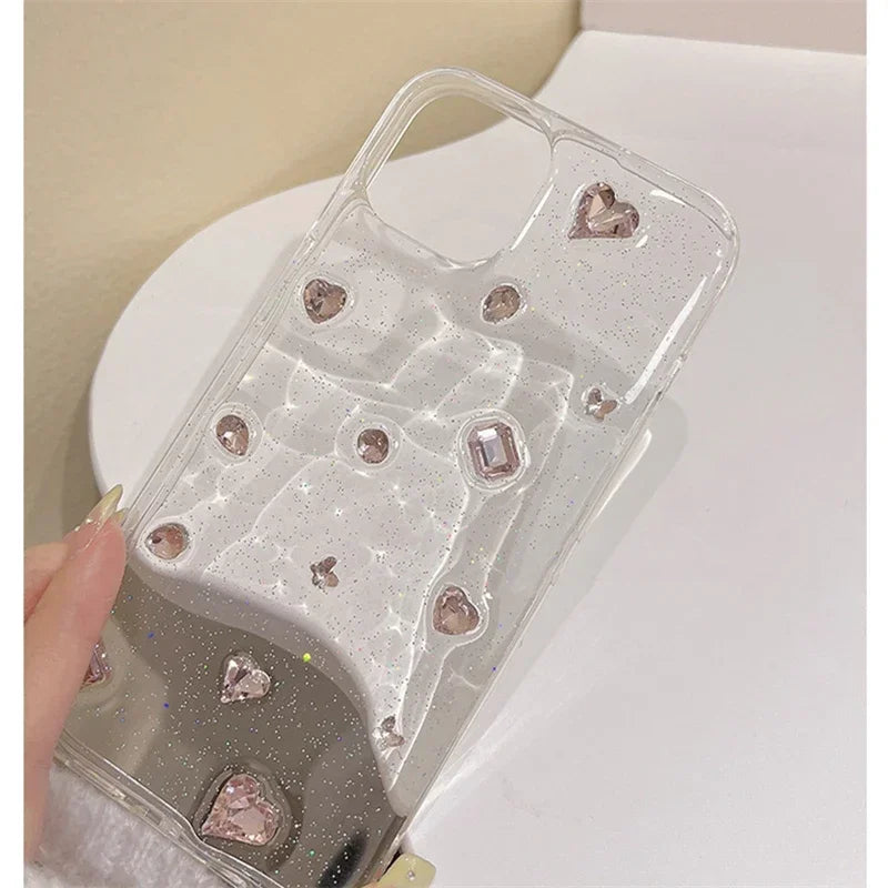 Coque de téléphone en époxy rose à paillettes coréennes pour iPhone 14 13 12 11 Pro Max X XS XR 7 8 SE 3