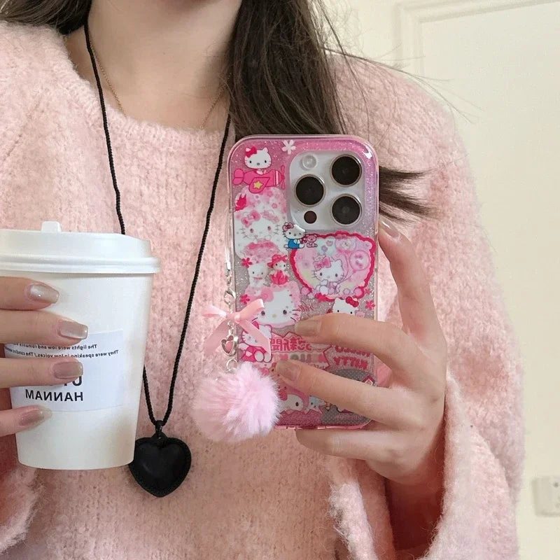 Bonita funda de teléfono con dibujos animados de Sanrio Y2K Hello Kitty con purpurina brillante para iPhone 15, 14, 13, 12, 11 Pro Max, carcasa rígida a prueba de golpes IMD