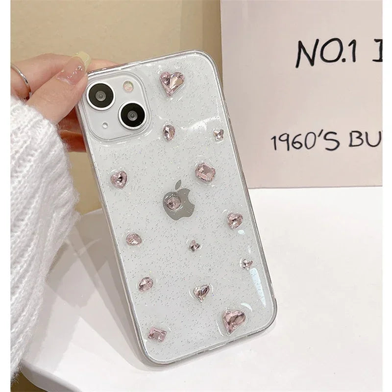 Coque de téléphone en époxy rose à paillettes coréennes pour iPhone 14 13 12 11 Pro Max X XS XR 7 8 SE 3