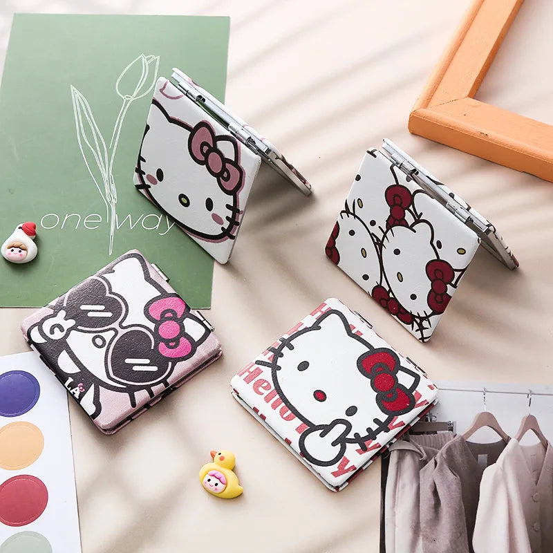 Sanrio Hello Kitty Cartoon Double-Sided Mirror Pu Leather Surface Portable Makeup Folding Mini Mirror A Holiday Gift for Girls