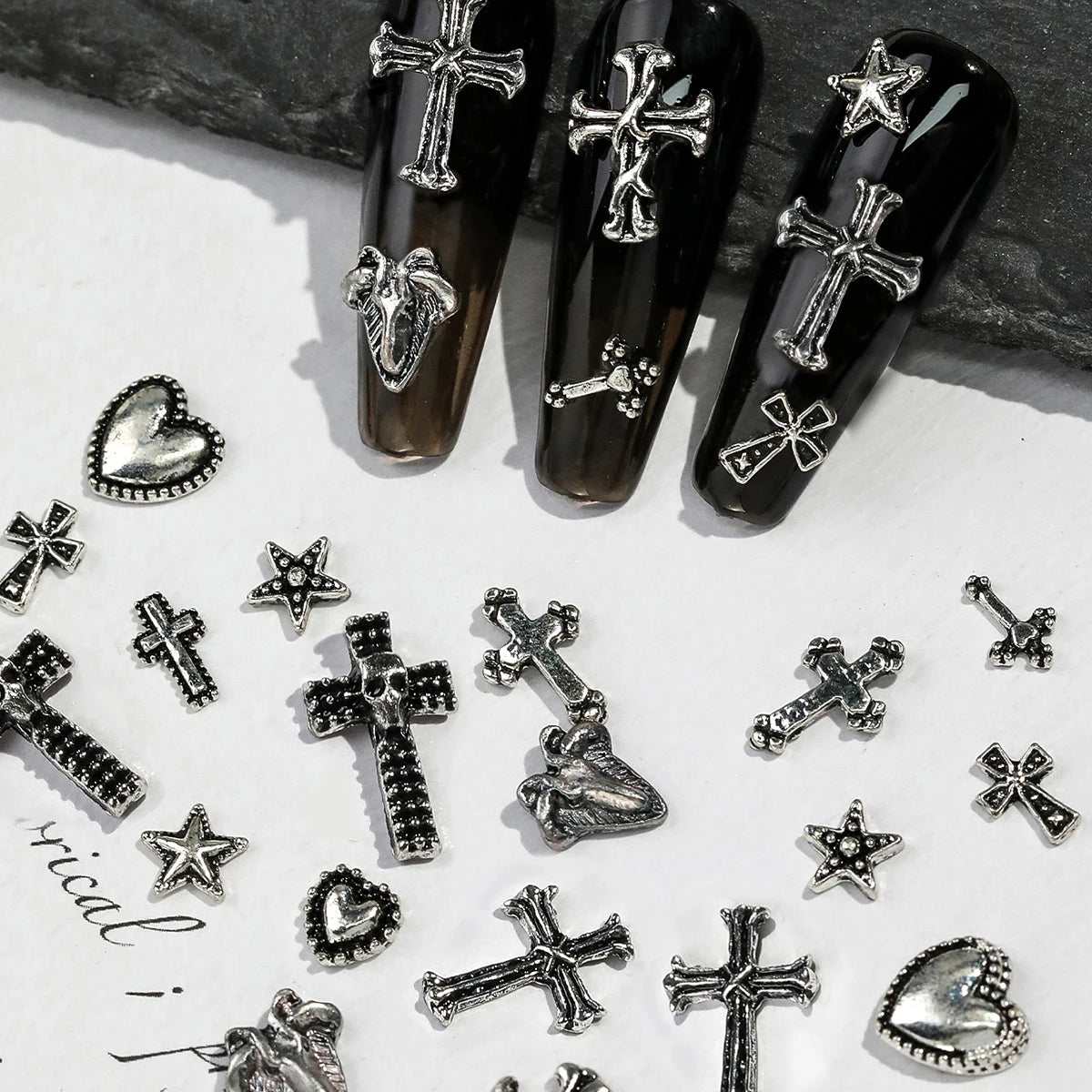 12 Grids Vintage Cross Shaped Zinc Alloy Jewelry Nails Supplies Heart&Star Shaped Metal y2k Nail Art Decoration For Women Girls