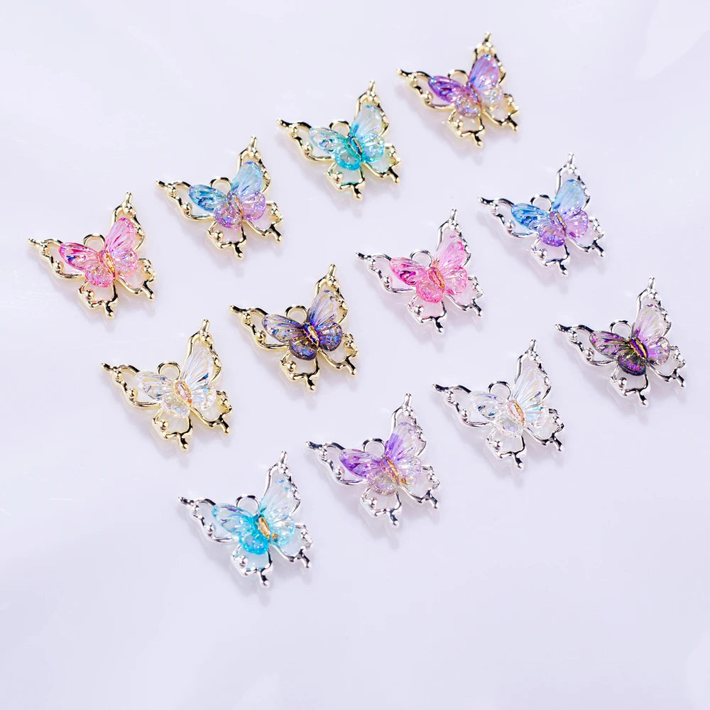 10 piezas de abalorios de mariposa 3D para decoración de uñas, diseño de mariposa radiante y transparente con degradado, accesorios exquisitos para uñas DIY