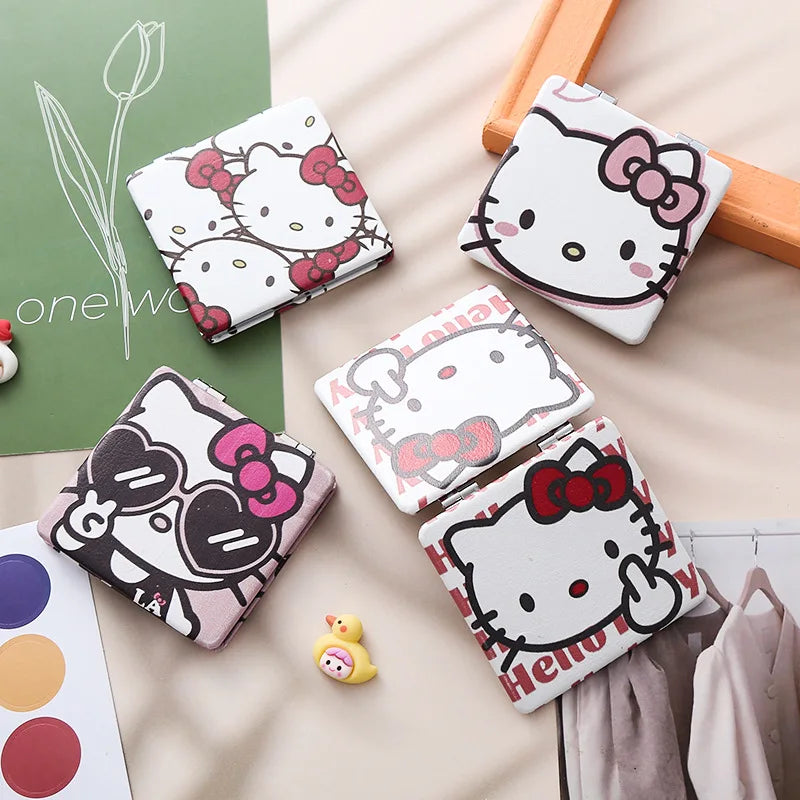 Sanrio Hello Kitty Cartoon Double-Sided Mirror Pu Leather Surface Portable Makeup Folding Mini Mirror A Holiday Gift for Girls