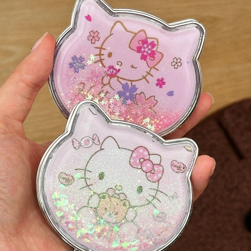 Miroir de maquillage double face Kawaii Hello Kitty portable à paillettes et sables mouvants pour fille de dessin animé, cadeau de poche, miroir de maquillage double face