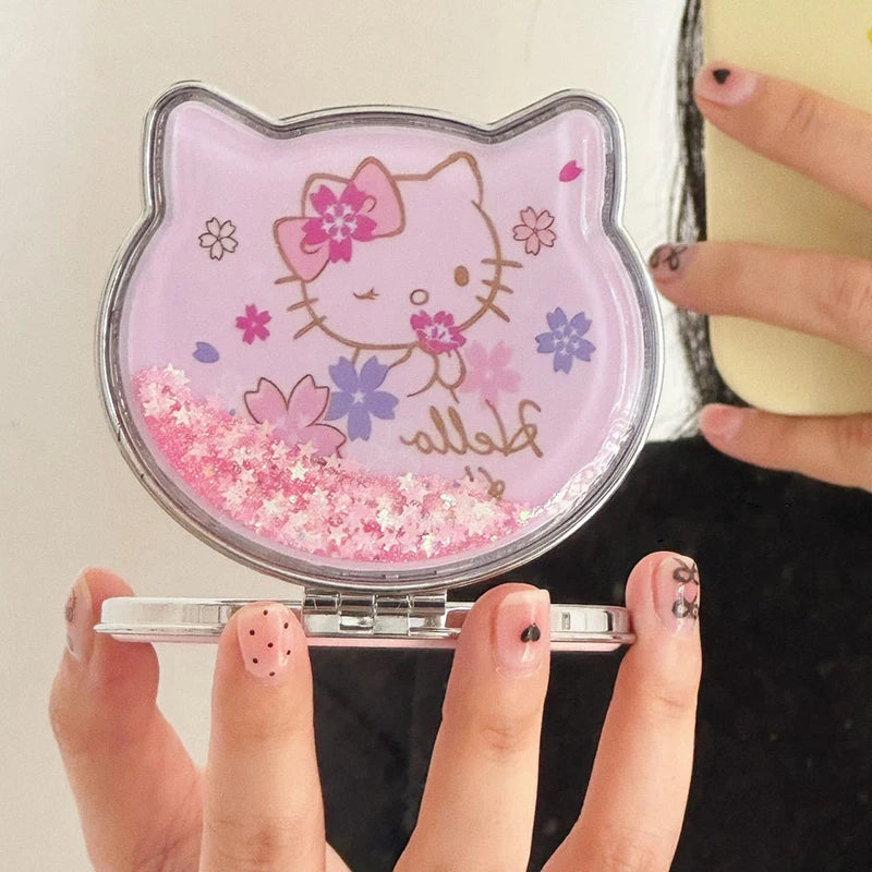 Miroir de maquillage double face Kawaii Hello Kitty portable à paillettes et sables mouvants pour fille de dessin animé, cadeau de poche, miroir de maquillage double face