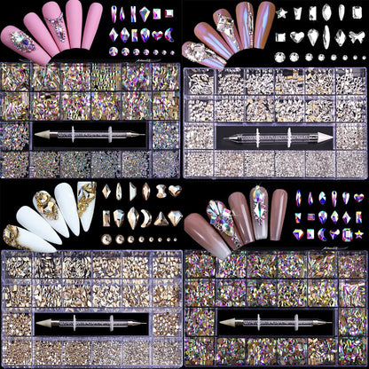 2500pcs Luxury Shiny Diamond Nail Art Rhinestones Crystal Set AB Glass 1pcs Pick Up Pen In Grids Box 21 Shape