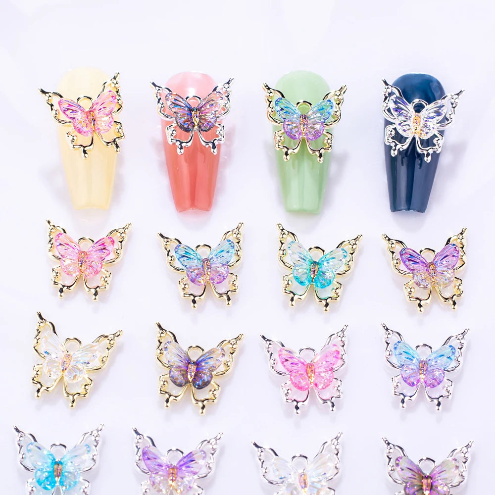 10 piezas de abalorios de mariposa 3D para decoración de uñas, diseño de mariposa radiante y transparente con degradado, accesorios exquisitos para uñas DIY