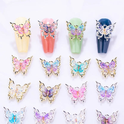 10 piezas de abalorios de mariposa 3D para decoración de uñas, diseño de mariposa radiante y transparente con degradado, accesorios exquisitos para uñas DIY