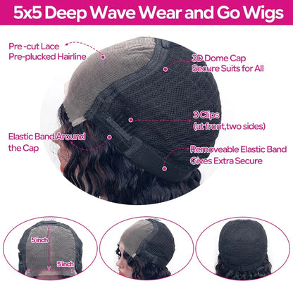 Deep Wave Glueless Wig Human Hair Ready To Wear And Go PrePlucked For Women Precut 13x6 Frontal