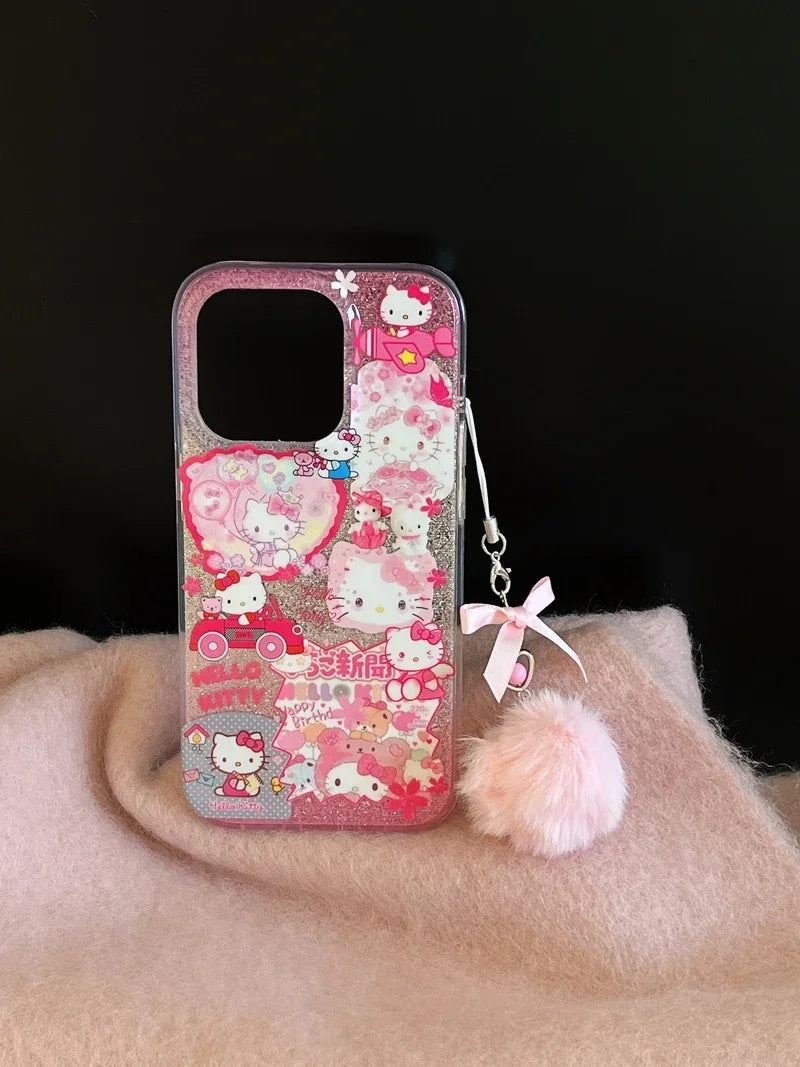 Bonita funda de teléfono con dibujos animados de Sanrio Y2K Hello Kitty con purpurina brillante para iPhone 15, 14, 13, 12, 11 Pro Max, carcasa rígida a prueba de golpes IMD