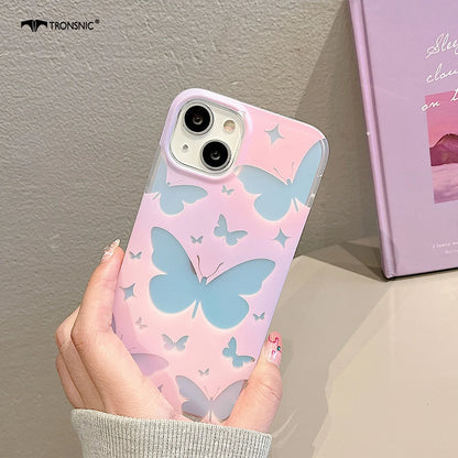 Ins Luxury Laser Butterfly Phone Case for iPhone 14 13 12 11 Pro Max Soft Silicone Clear Gradient Girls Glossy Pink Covers Funda
