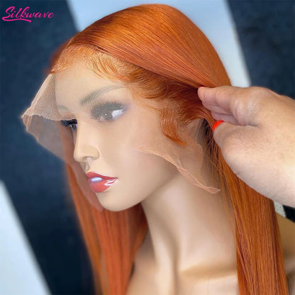 Peluca de cabello humano liso de color naranja jengibre con encaje frontal transparente