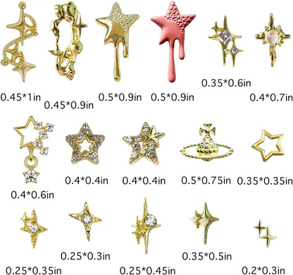 Lot de 124 breloques à ongles en forme d'étoile 3D pour ongles en acrylique, en alliage doré, accessoires pour ongles en forme d'étoile, strass pour nail art