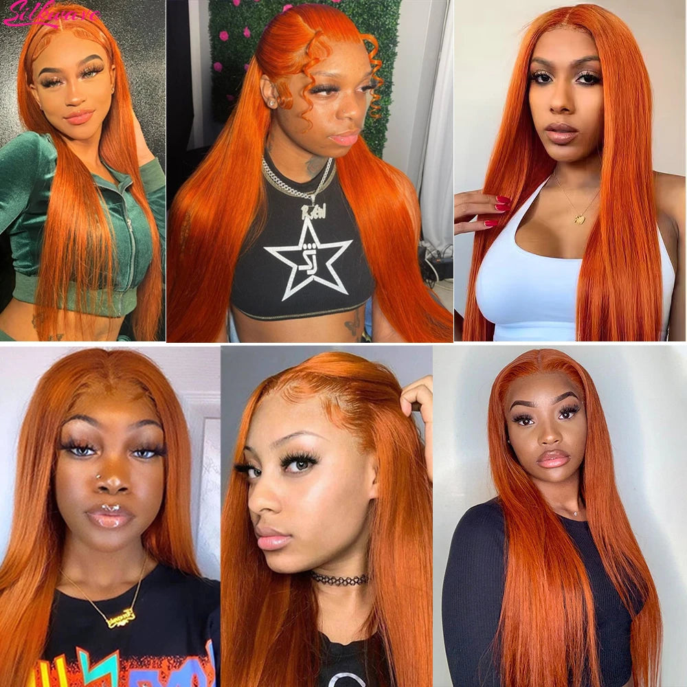 Peluca de cabello humano liso de color naranja jengibre con encaje frontal transparente
