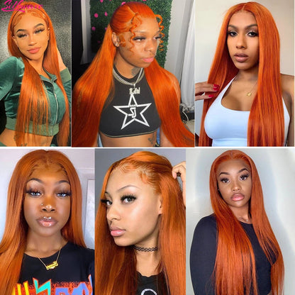 Peluca de cabello humano liso de color naranja jengibre con encaje frontal transparente