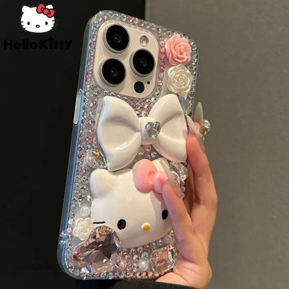 Sanrio Full Rhinestone Heart Hello Kitty Phone Case For Iphone 15 Pro Max 14 13 12 11 X Xr Xsmax Women Luxury Protective Cover
