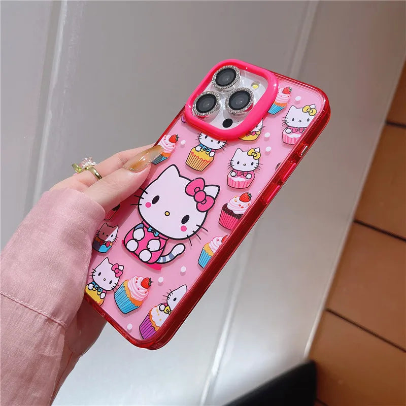 Pink Cute Hello Kitty Saniro Dessert Cake Phone Case for iPhone 13 14 15 Pro Max Kitty Hamburg Hot Dog Macaroon Clear Y2k cover