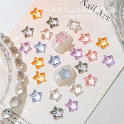 50Pcs Mix Color Ice Transparent Star Nail Charm 10mm Flat Resin Rhinestone Parts Crystal Stars Jewelry Nail Decor DIY Manicure*