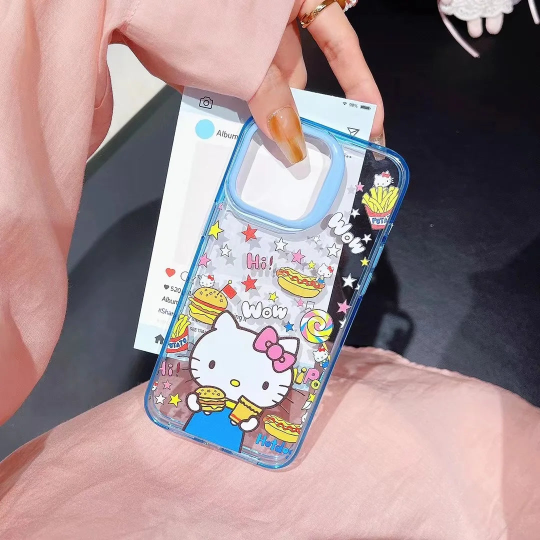 Pink Cute Hello Kitty Saniro Dessert Cake Phone Case for iPhone 13 14 15 Pro Max Kitty Hamburg Hot Dog Macaroon Clear Y2k cover